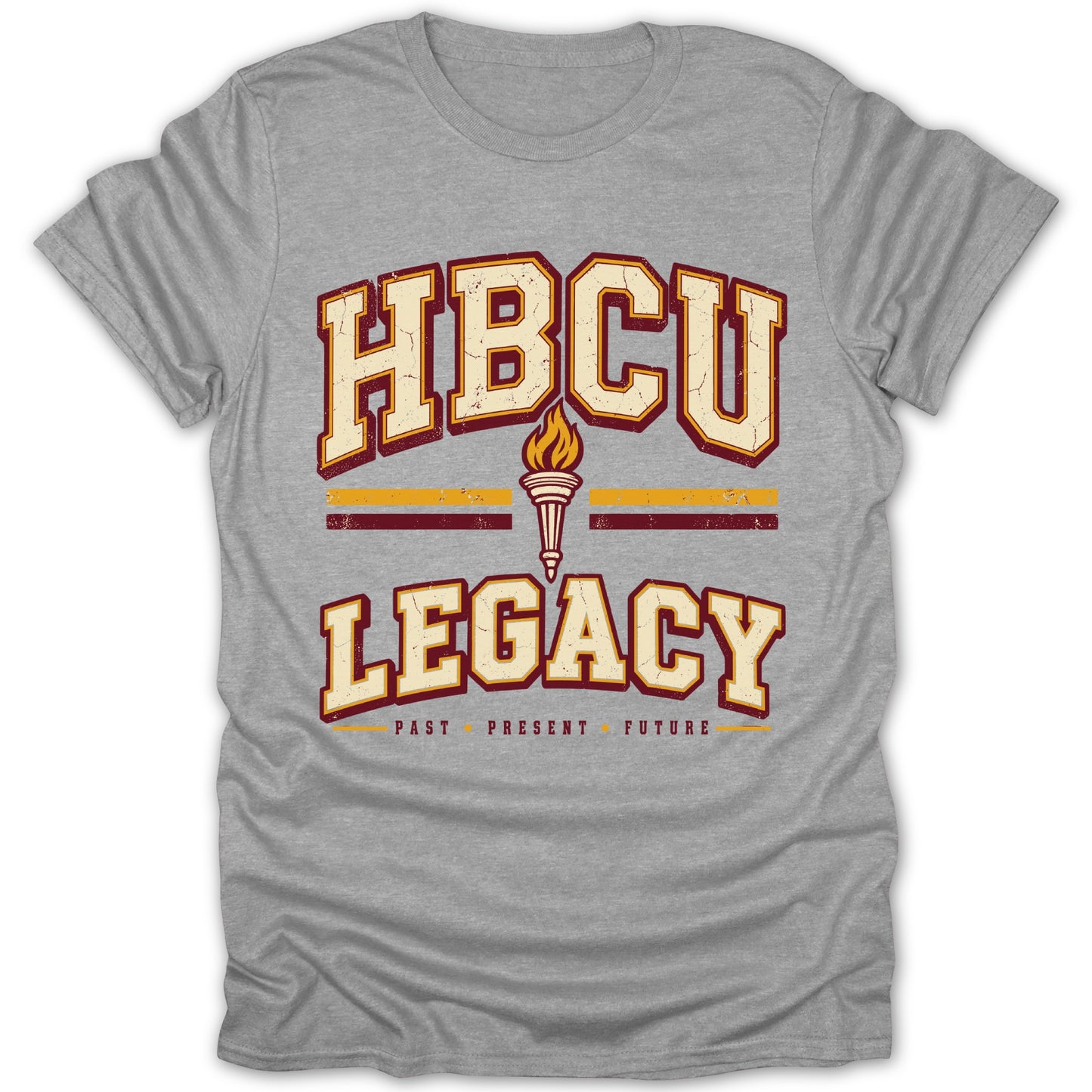 Grey t-shirt with "HBCU LEGACY PAST PRESENT FUTURE" text and torch graphic.