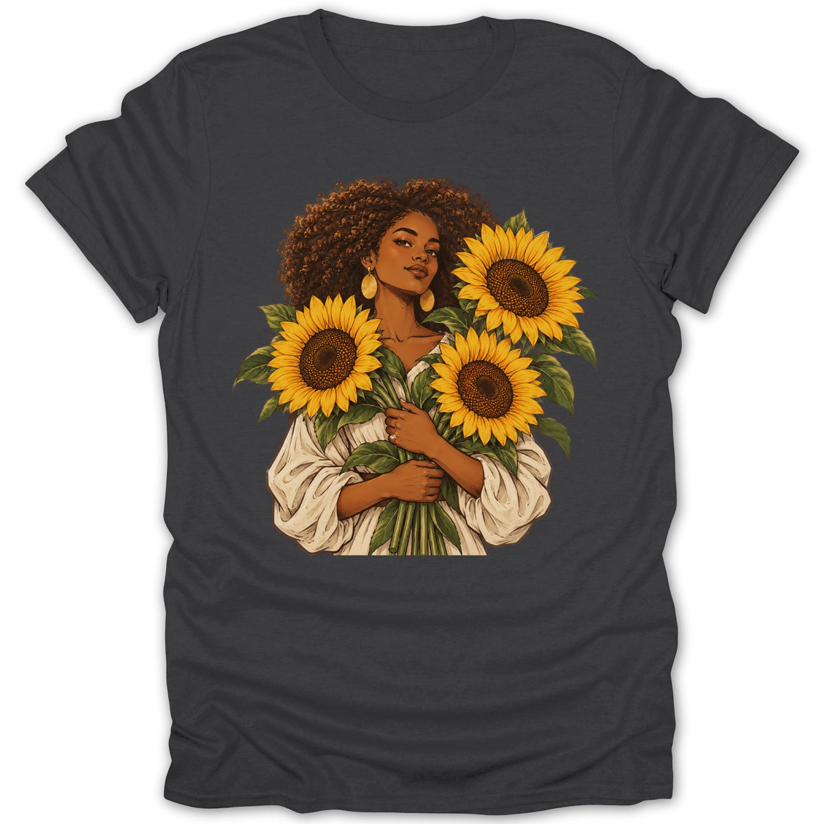 Woman with curly hair holding a bouquet of sunflowers on a dark gray t-shirt.