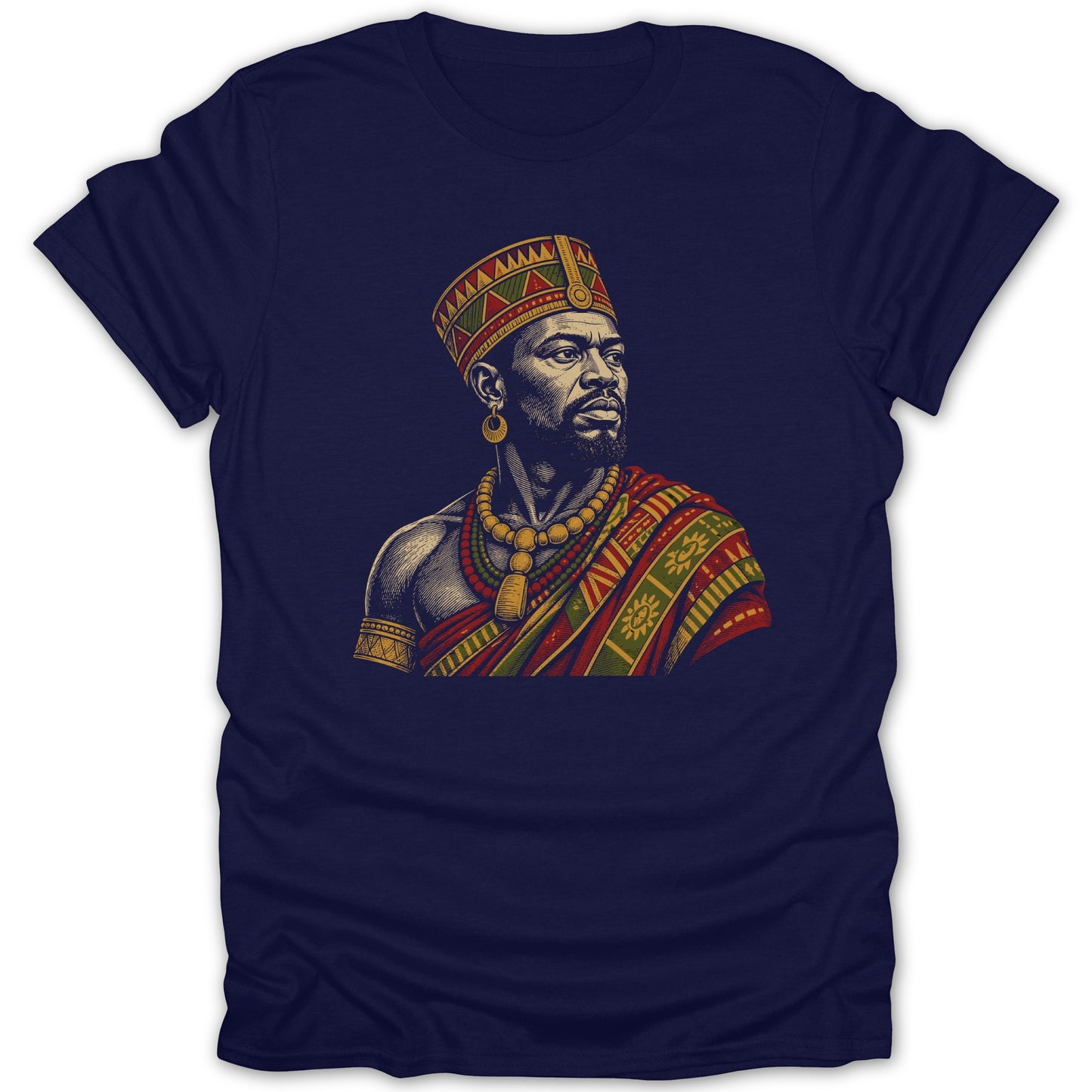 T-shirt with illustration of African king wearing ornate headdress and traditional clothing.