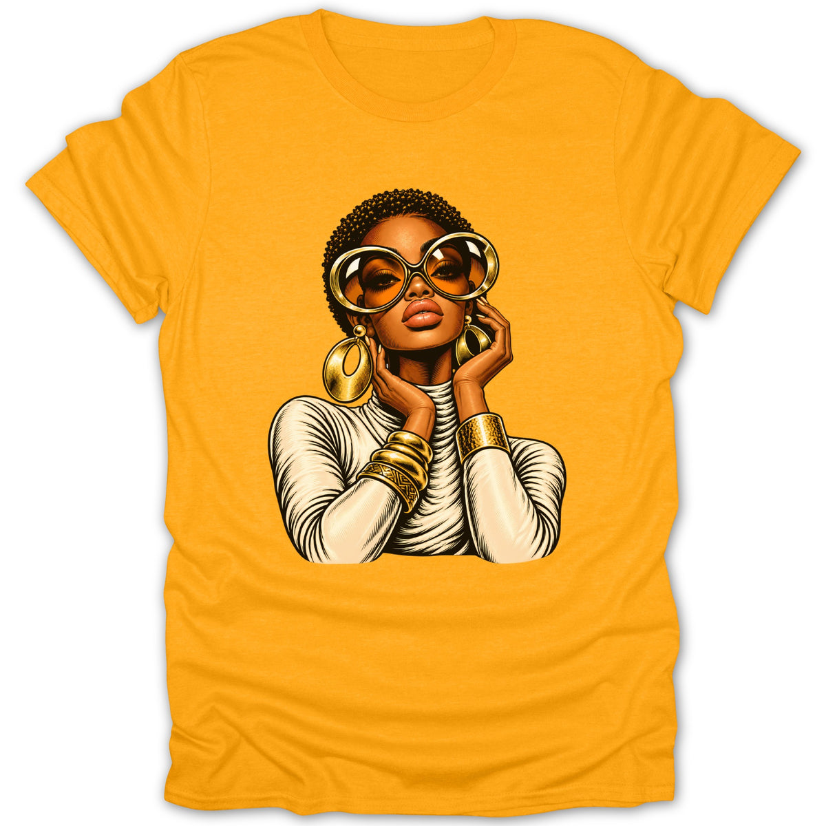 Gold-toned graphic of a woman with large sunglasses and hoop earrings.