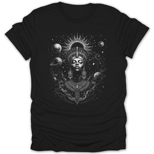 Black t-shirt with Nefertiti illustration surrounded by planets and celestial patterns.