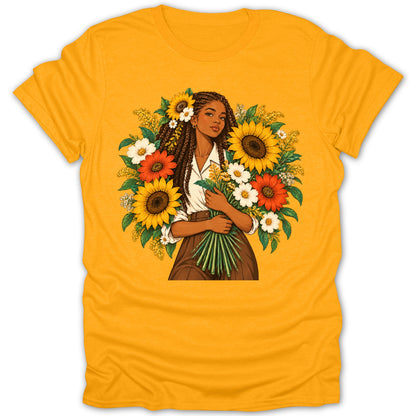 Woman with braided hair holding a bouquet of sunflowers and daisies.