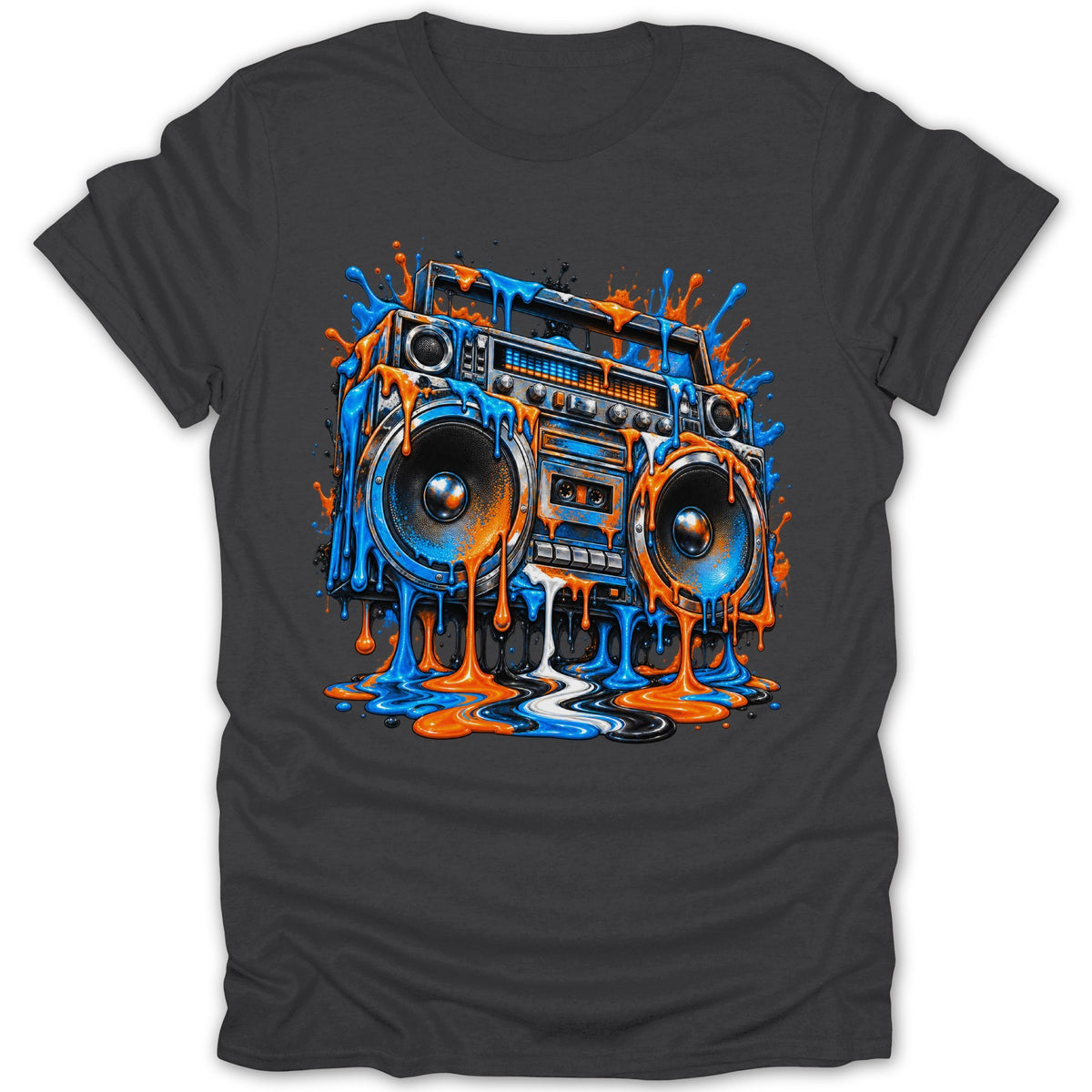 Graffiti-style boombox with melting paint in blue and orange on a dark t-shirt.