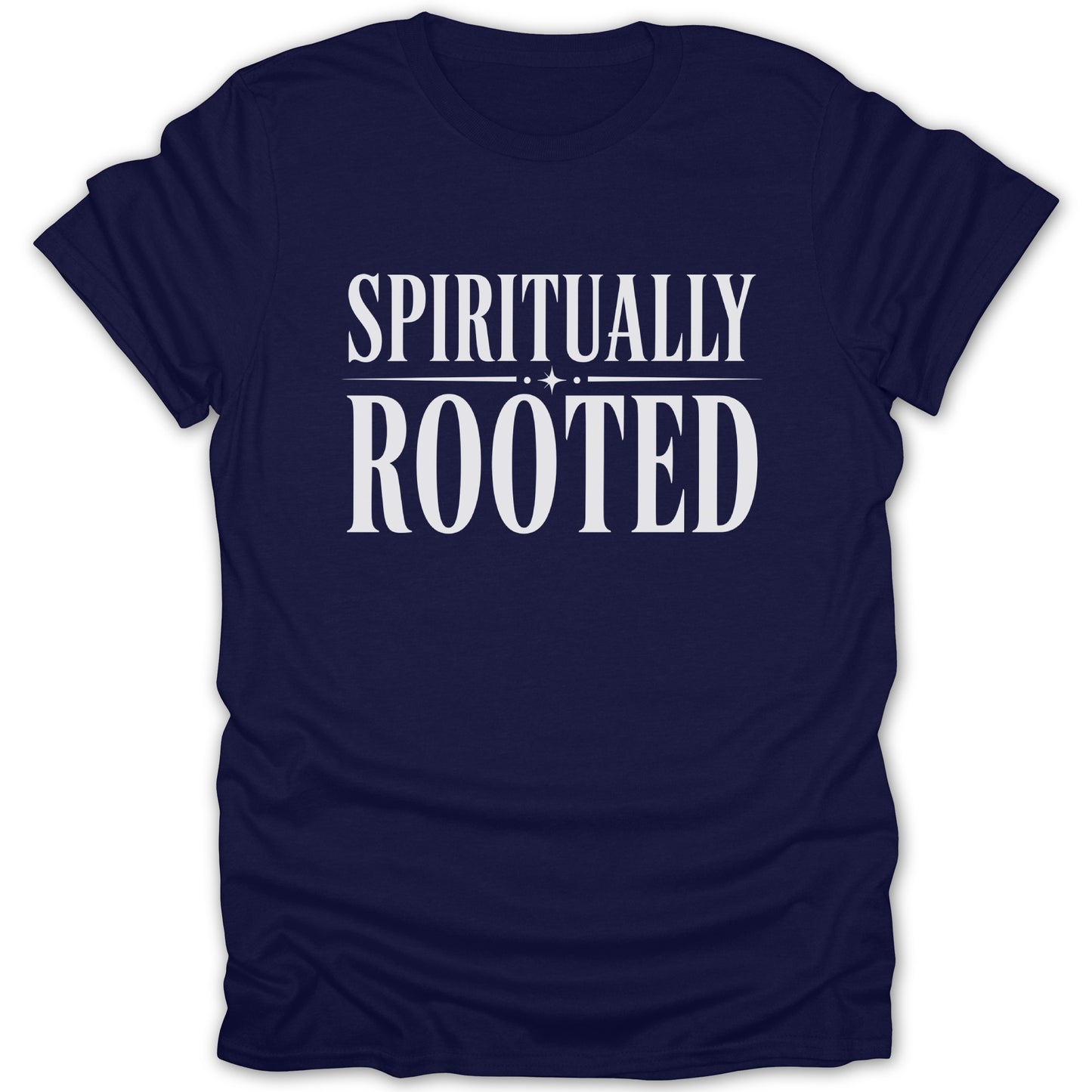 Navy t-shirt with white text reading "SPIRITUALLY ROOTED"