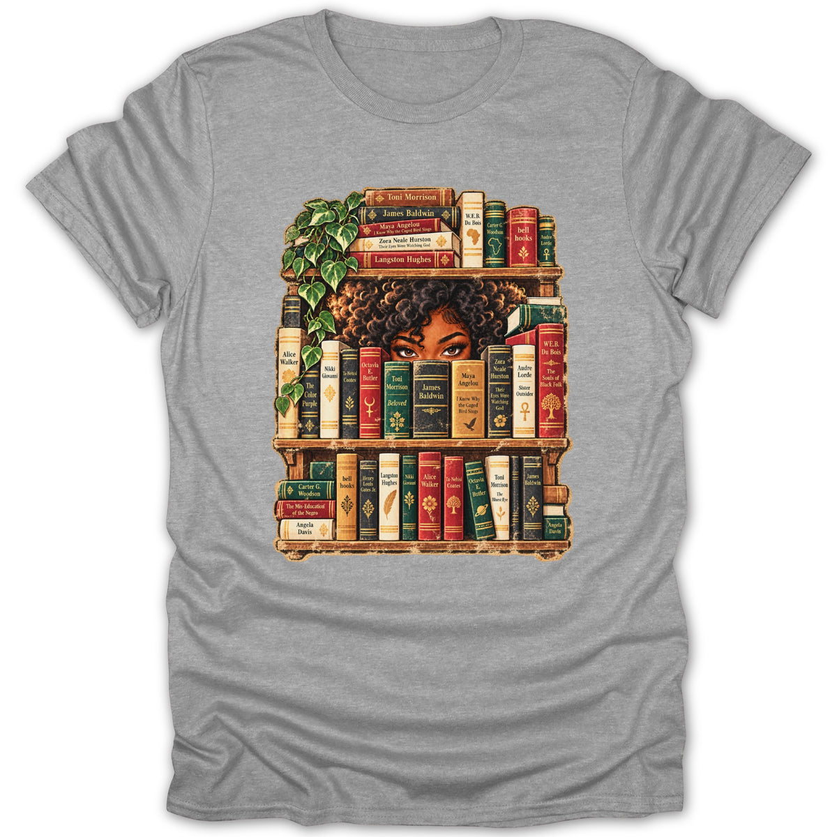 Woman's face peeks over bookshelf filled with books by Black authors.