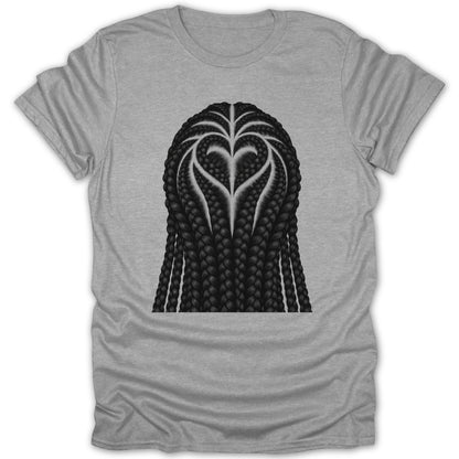 Grey t-shirt with a black braided hairstyle in the shape of a heart.