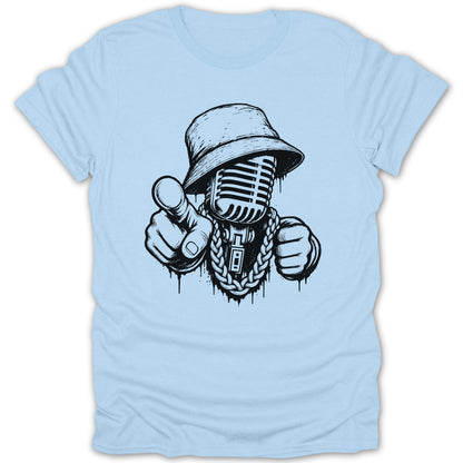 Microphone with bucket hat and gold chain points finger, black ink on light blue shirt.