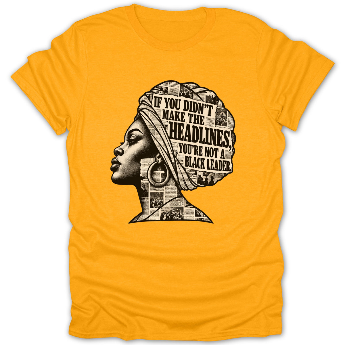 Yellow t-shirt with a black and white graphic of a woman's head made of newspaper headlines.