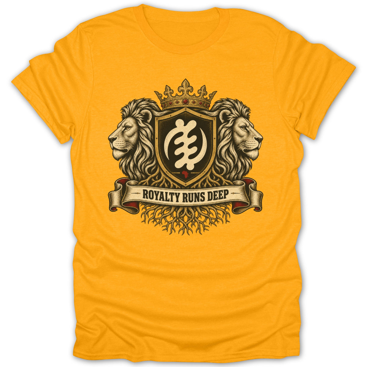 Yellow t-shirt with lions, crown, Adinkra symbol, and banner reading "Royalty Runs Deep."