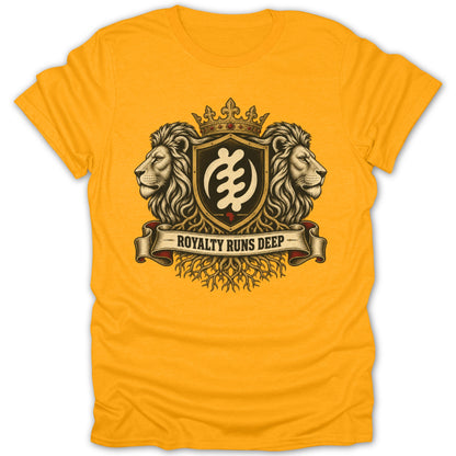 Yellow t-shirt with lions, crown, Adinkra symbol, and banner reading "Royalty Runs Deep."