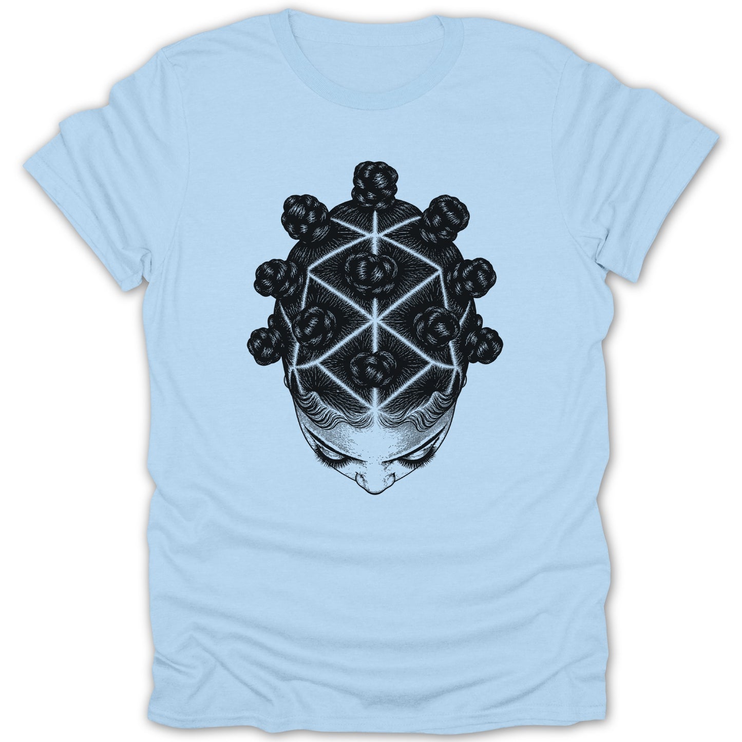 Light blue t-shirt with a black ink illustration of a woman's head from above.