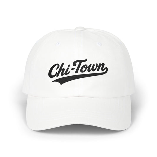 White baseball cap with "Chi-Town" in black script.