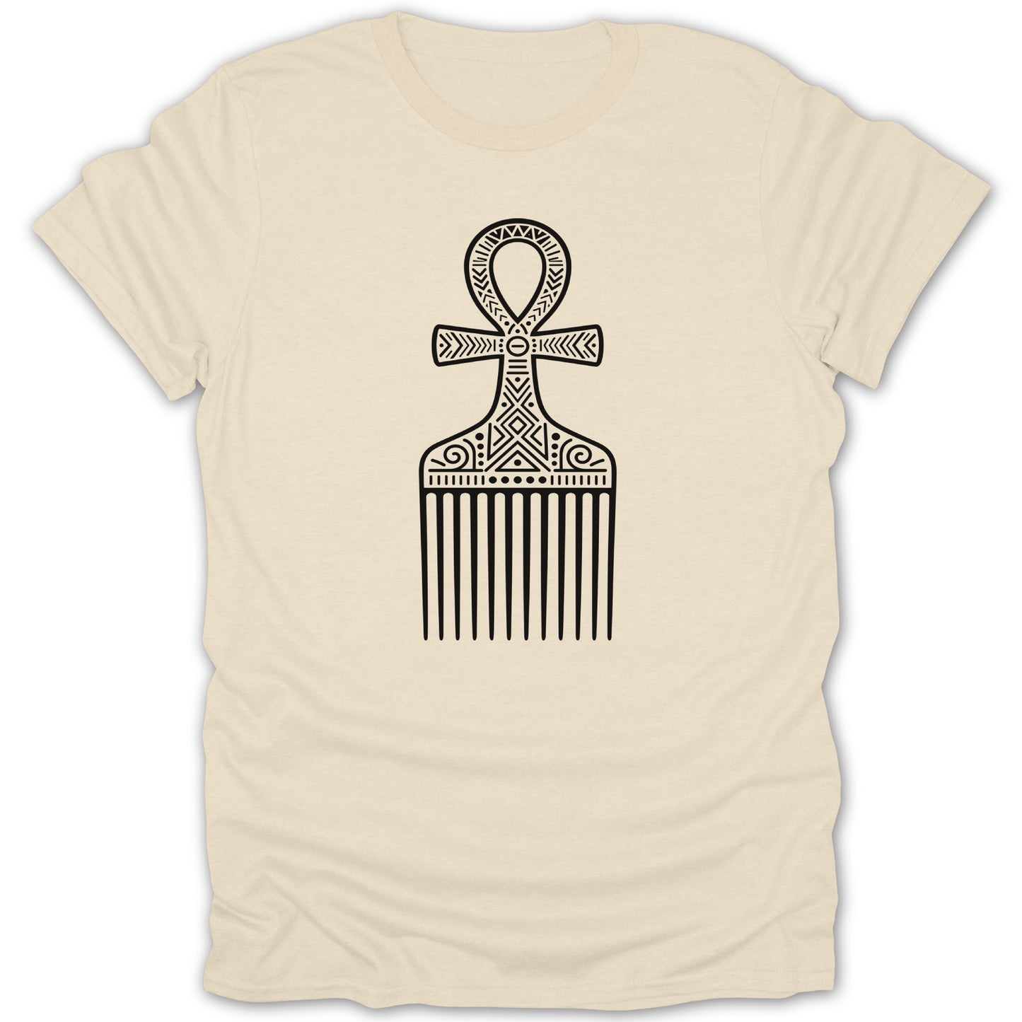 Cream t-shirt with black ankh and comb graphic design.