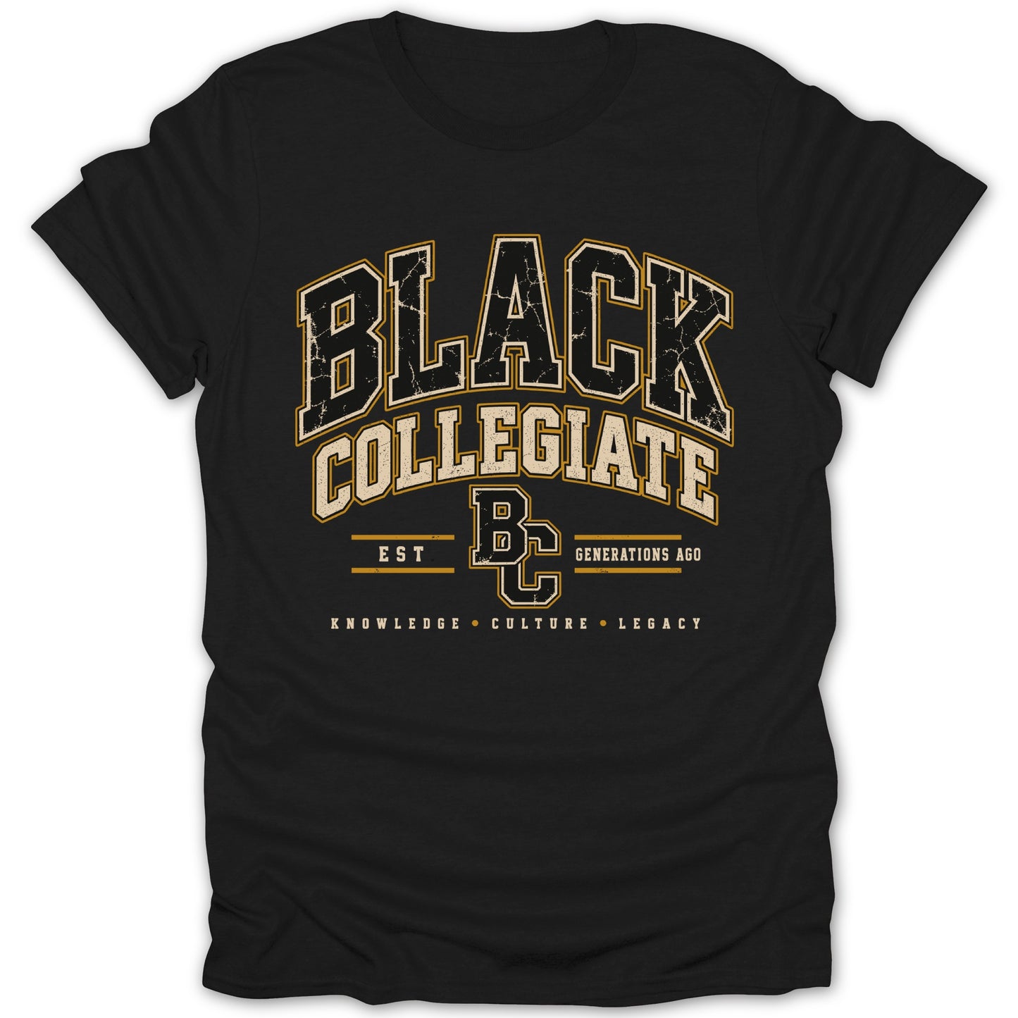 Black Collegiate t-shirt with "EST. GENERATIONS AGO" and "KNOWLEDGE CULTURE LEGACY" text.