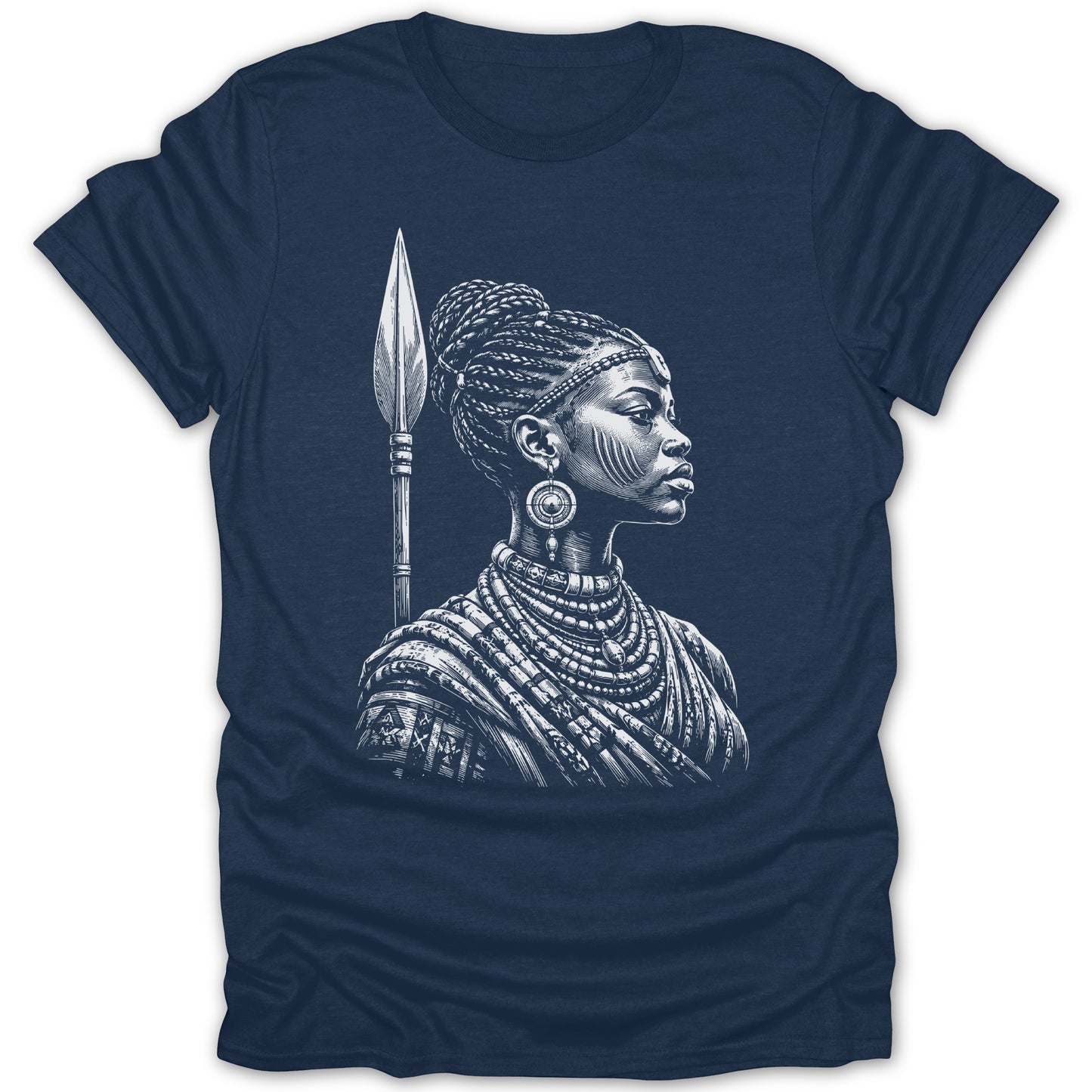 T-shirt with white line art of a woman in traditional attire holding a spear.