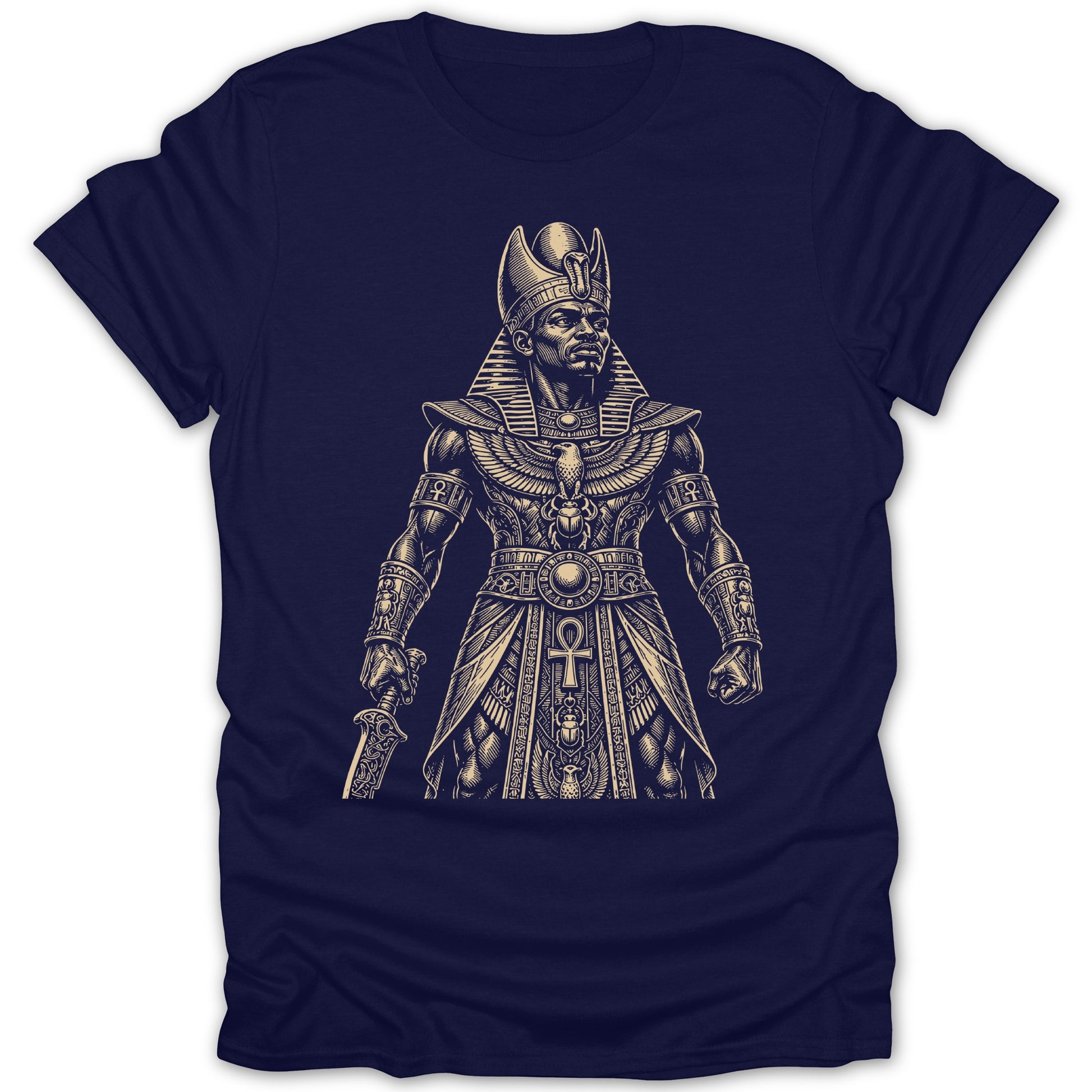 T-shirt featuring a depiction of a pharaoh in ornate headdress and armor holding a sword.