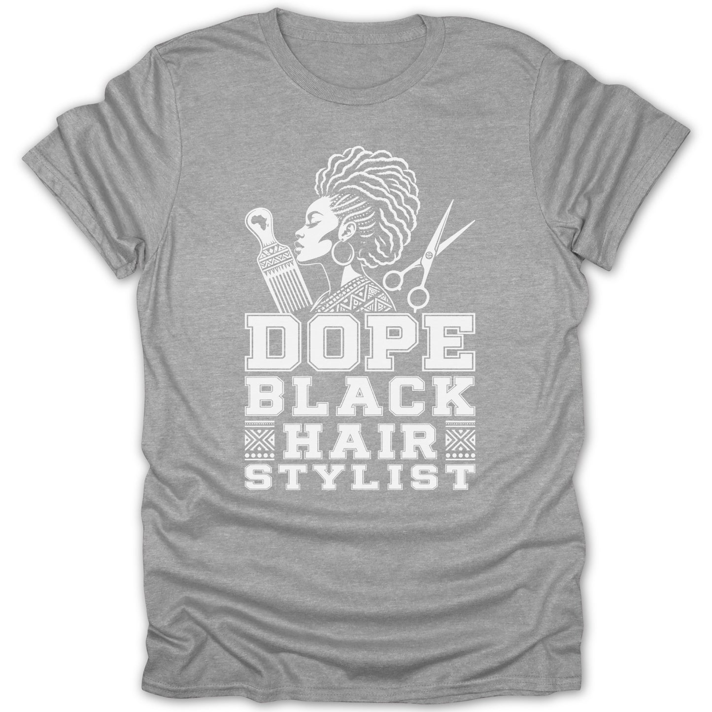 Grey t-shirt with white text and graphic of a woman, comb, and scissors.