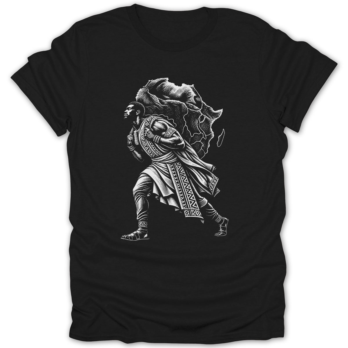 Black t-shirt with graphic of man carrying the map of Africa on his back.