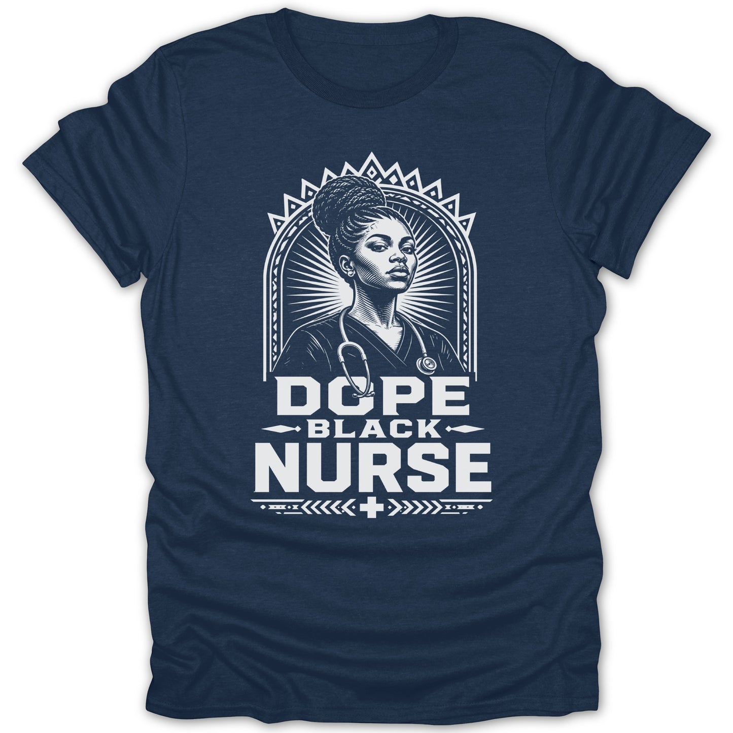 Dark blue t-shirt with a graphic of a Black nurse and the text "DOPE BLACK NURSE".