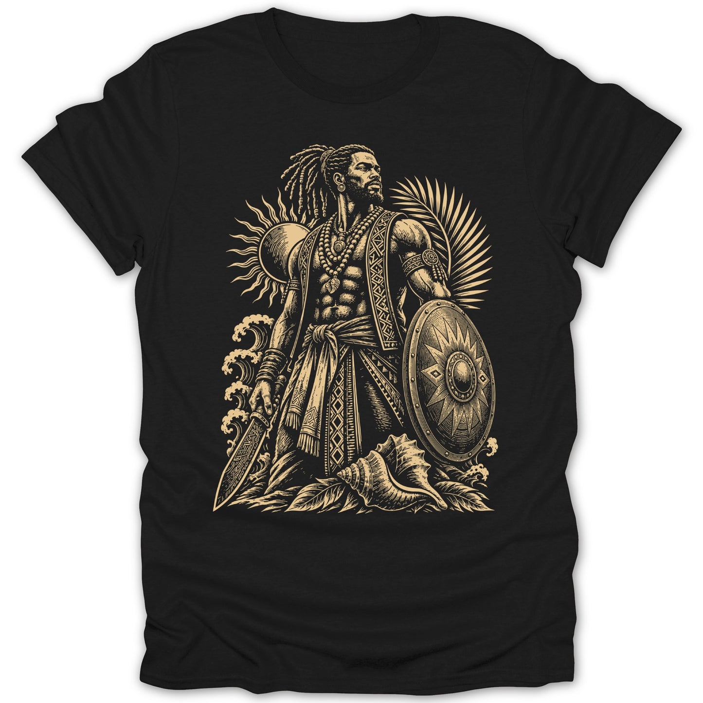 Black t-shirt featuring a warrior with a shield and sword, sun, and waves.