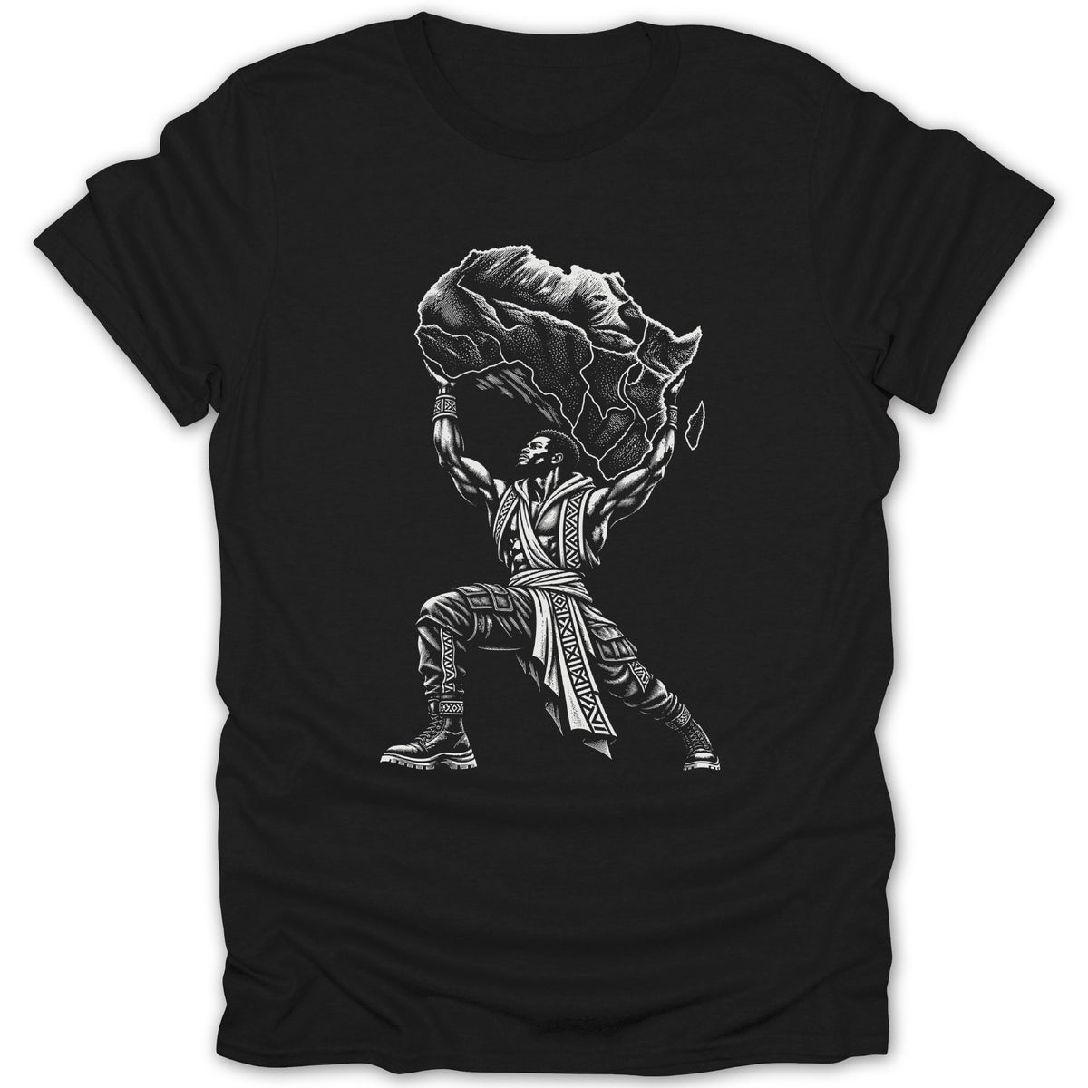 Black t-shirt with a man holding the continent of Africa above his head.