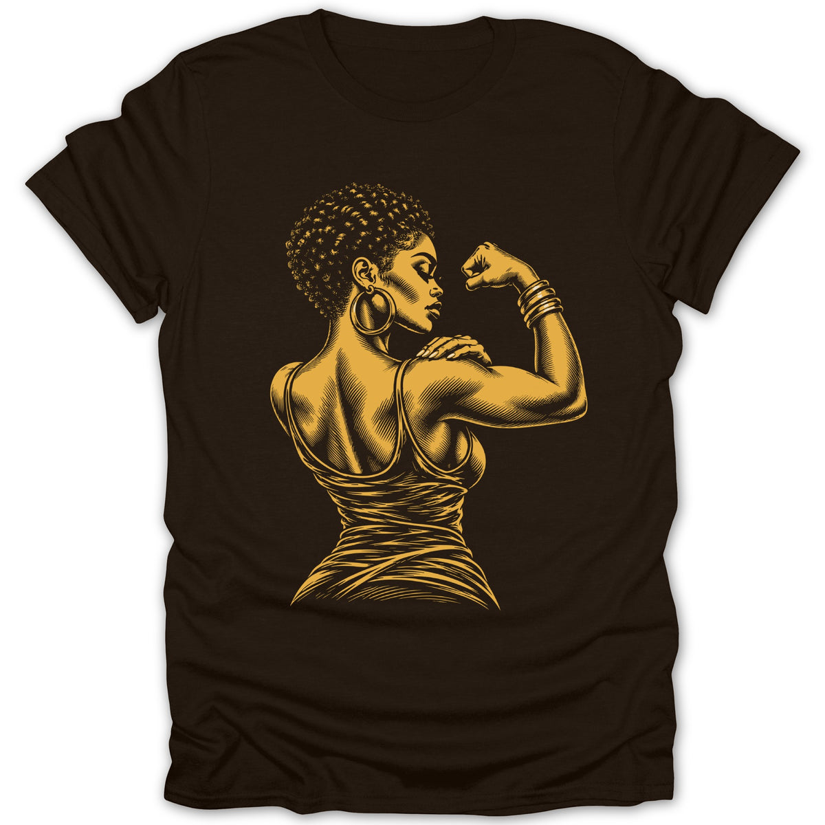 Brown t-shirt with yellow illustration of a woman flexing her bicep.
