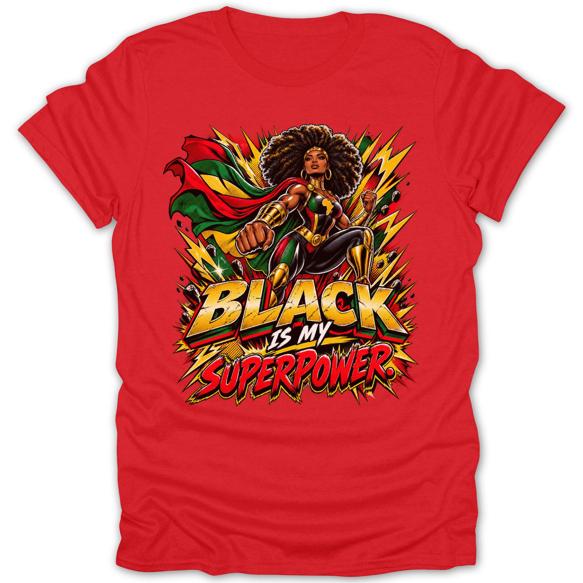 Red t-shirt with comic-style art of a superheroine and text "BLACK IS MY SUPERPOWER".