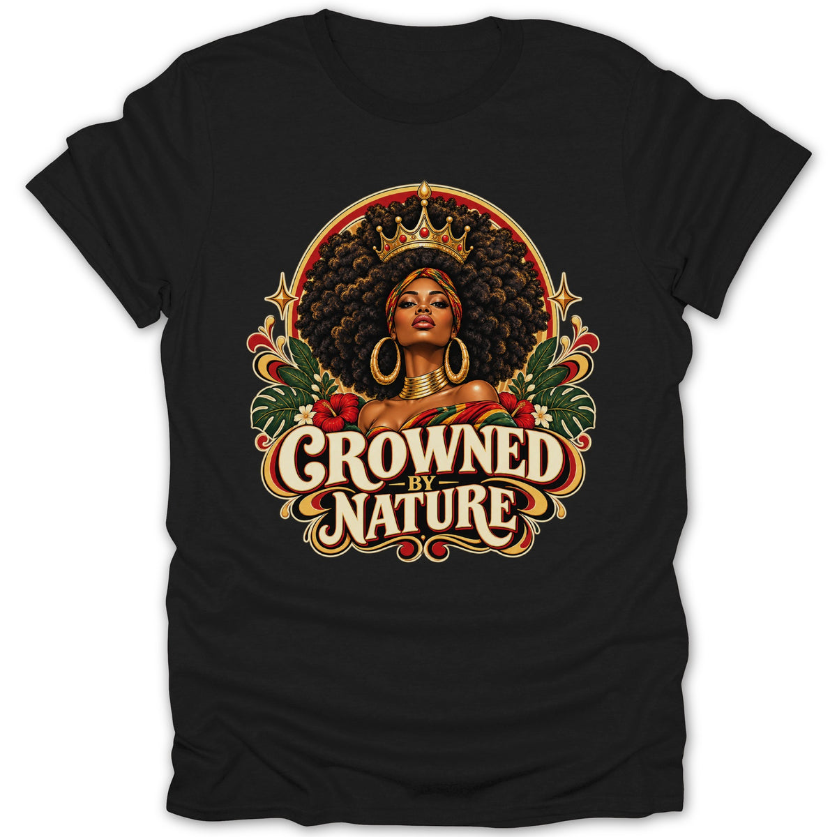 Black t-shirt with woman crowned by nature graphic and text.