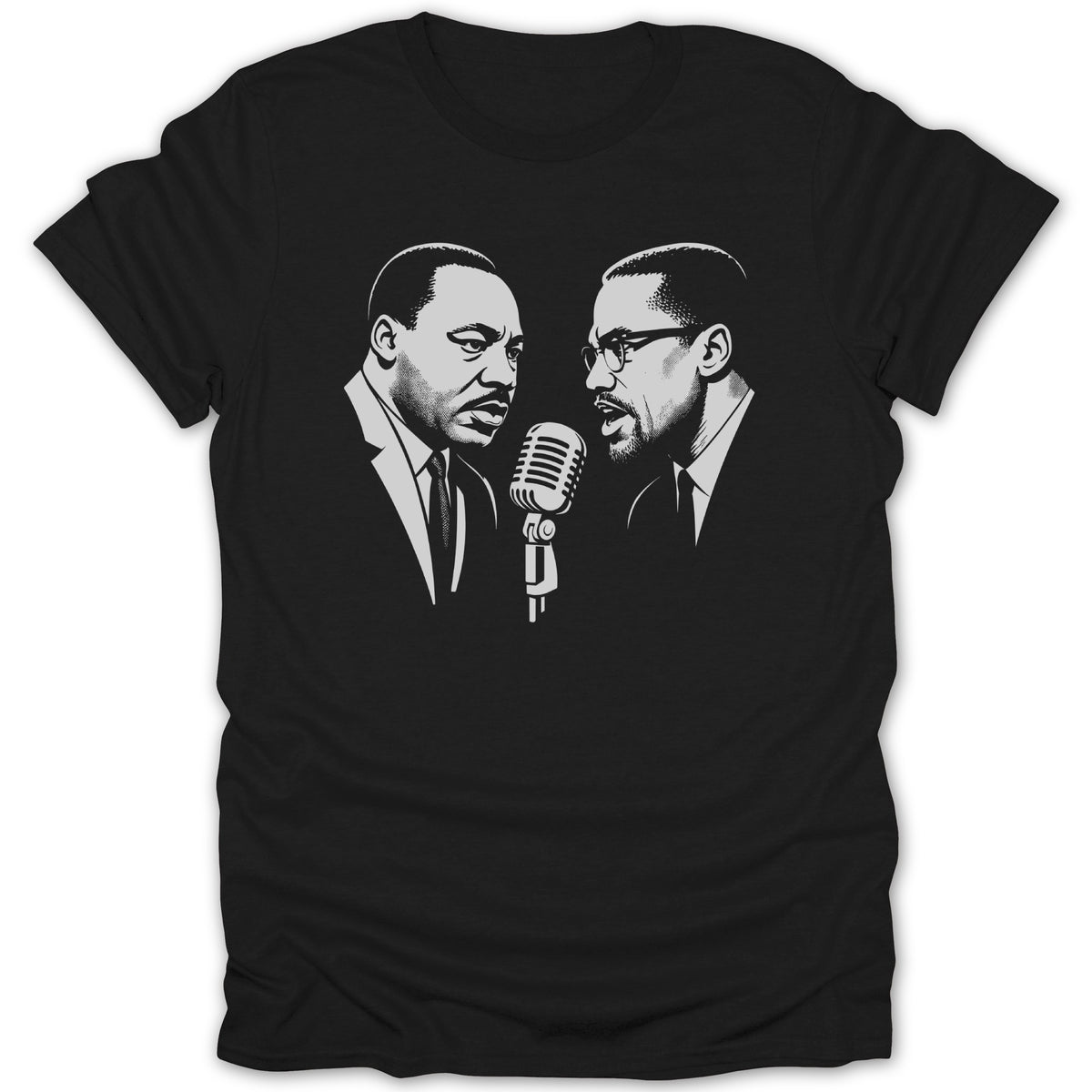 Martin Luther King Jr. and Malcolm X portrait with a vintage microphone.