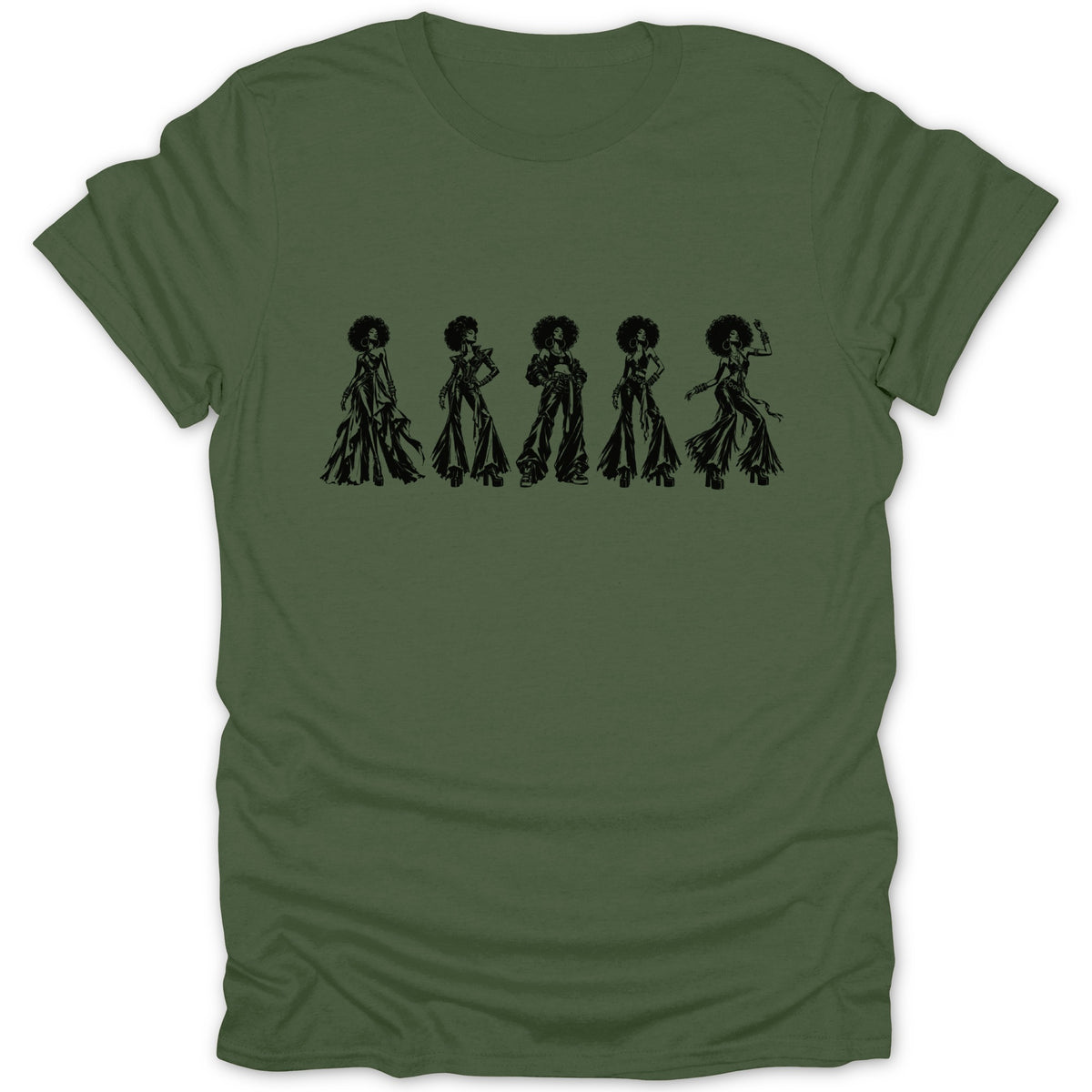 Five figures with afro hairstyles in vintage outfits on a green t-shirt.
