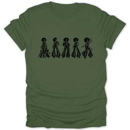 Five figures with afro hairstyles in vintage outfits on a green t-shirt.