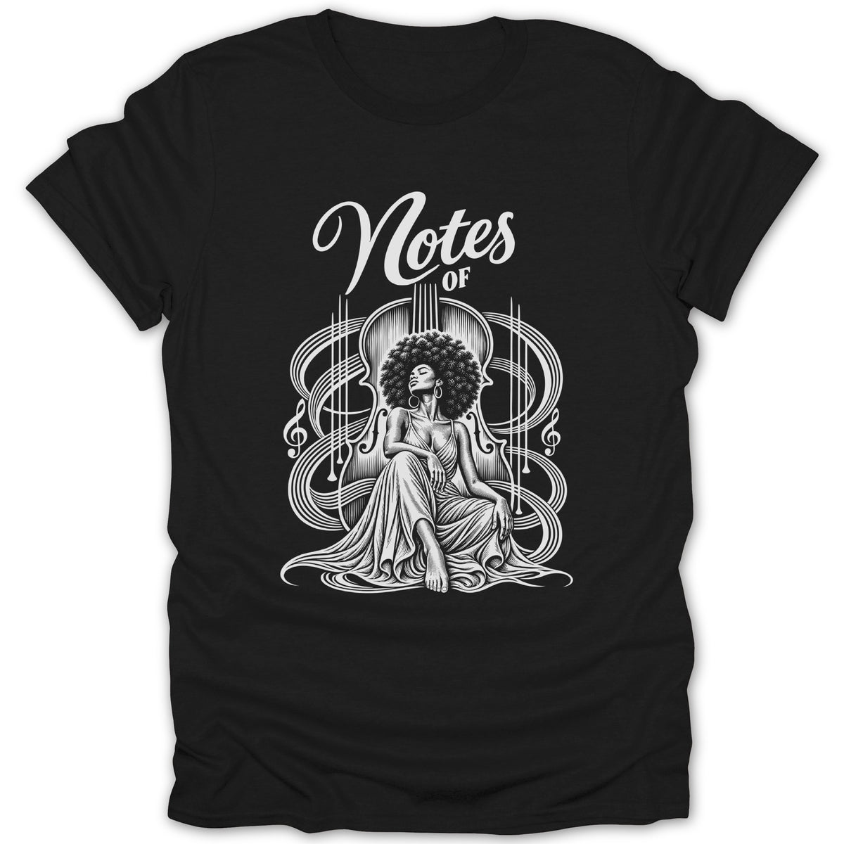 Black t-shirt with white graphic of woman sitting by a cello and musical notes.