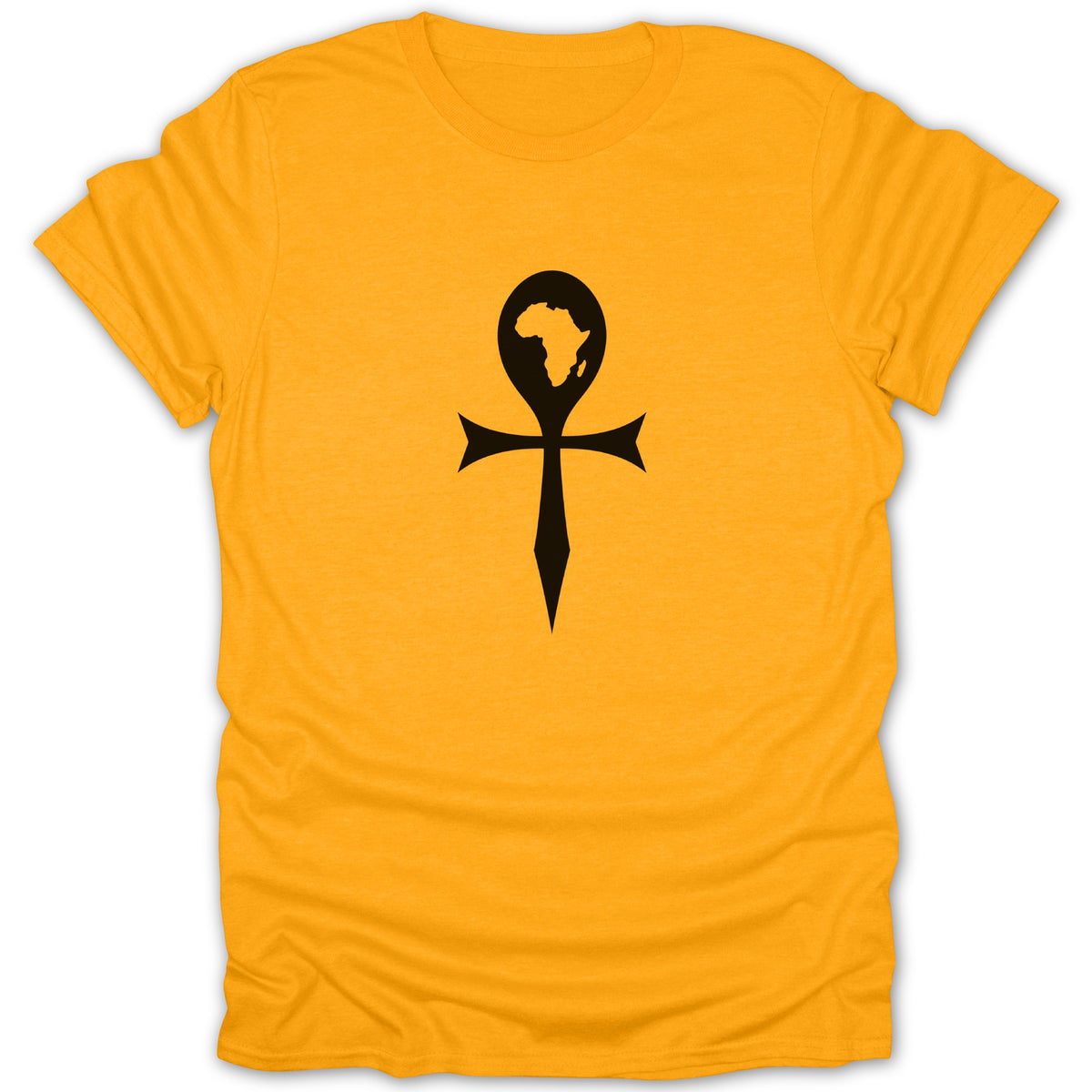 A short-sleeved yellow t-shirt featuring a black ankh symbol with the continent of Africa inside the loop.