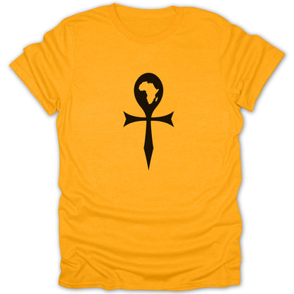 A short-sleeved yellow t-shirt featuring a black ankh symbol with the continent of Africa inside the loop.