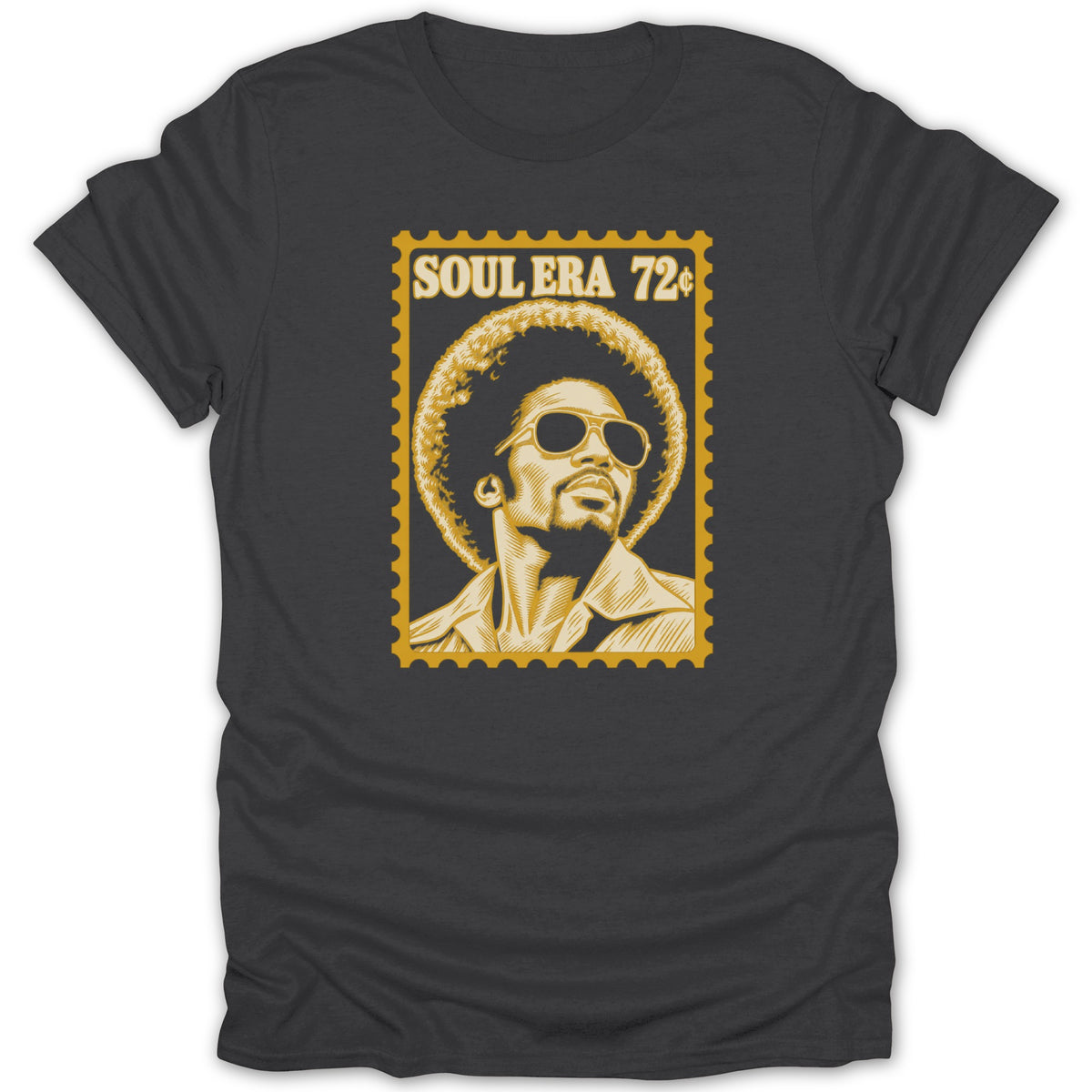 Charcoal t-shirt featuring a yellow postage stamp graphic with a person in sunglasses and text reading SOUL ERA 72¢.