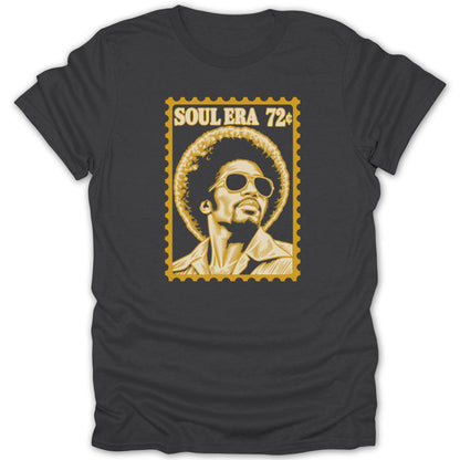 Charcoal t-shirt featuring a yellow postage stamp graphic with a person in sunglasses and text reading SOUL ERA 72¢.