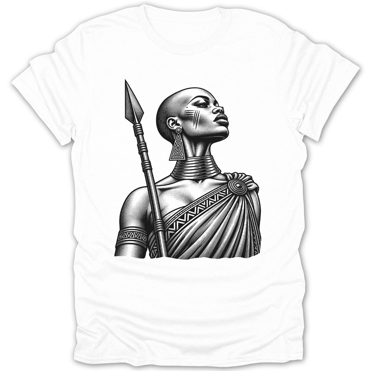 Black and white illustration of a warrior woman with a spear on a white t-shirt.