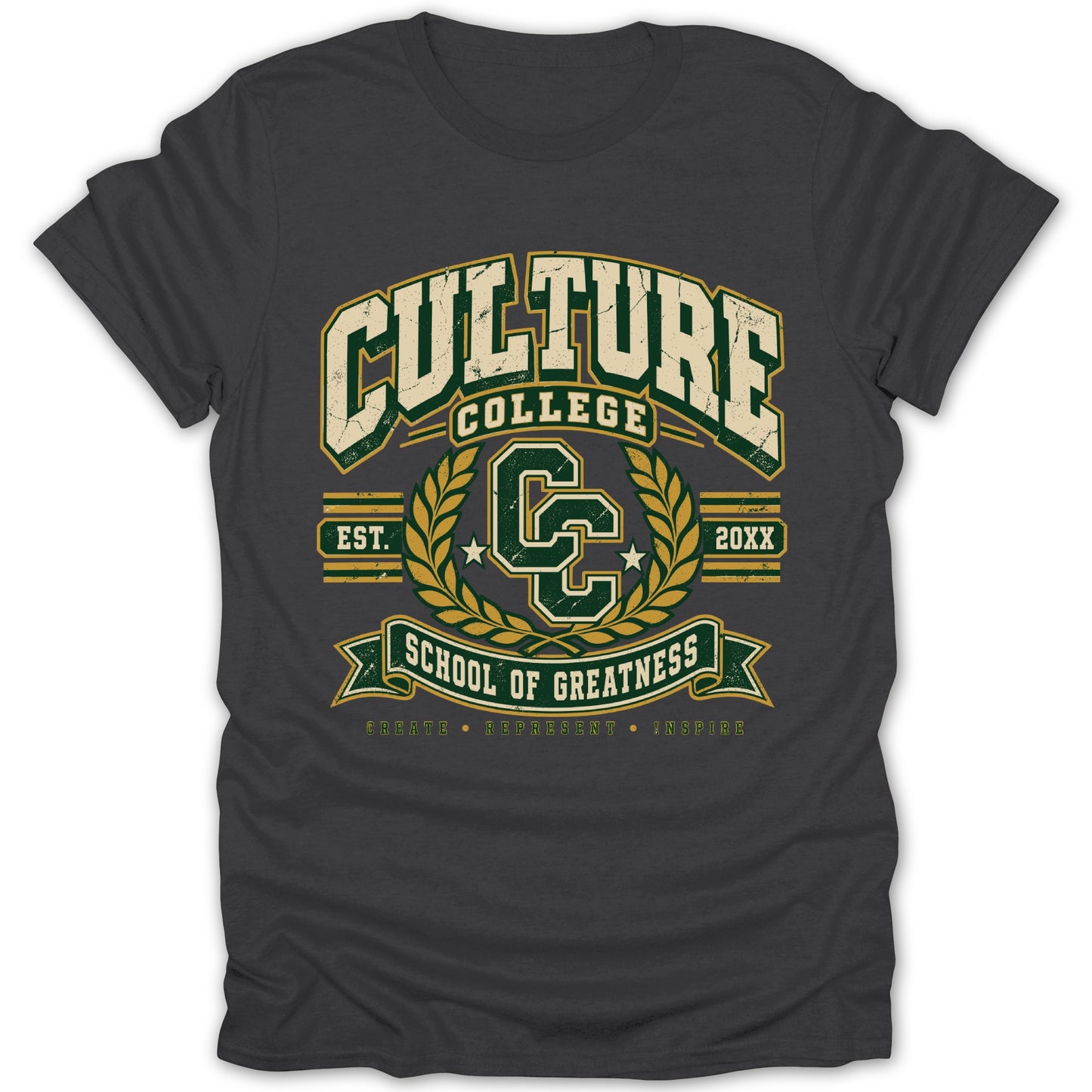 Dark grey t-shirt with "Culture College School of Greatness" graphic and CC logo.