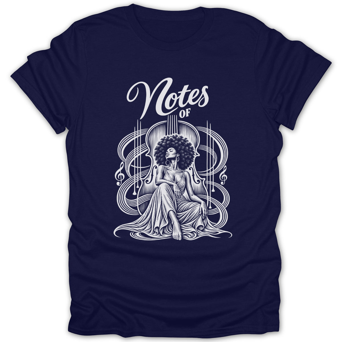 T-shirt graphic with woman, cello, musical notes, and text "Notes Of".