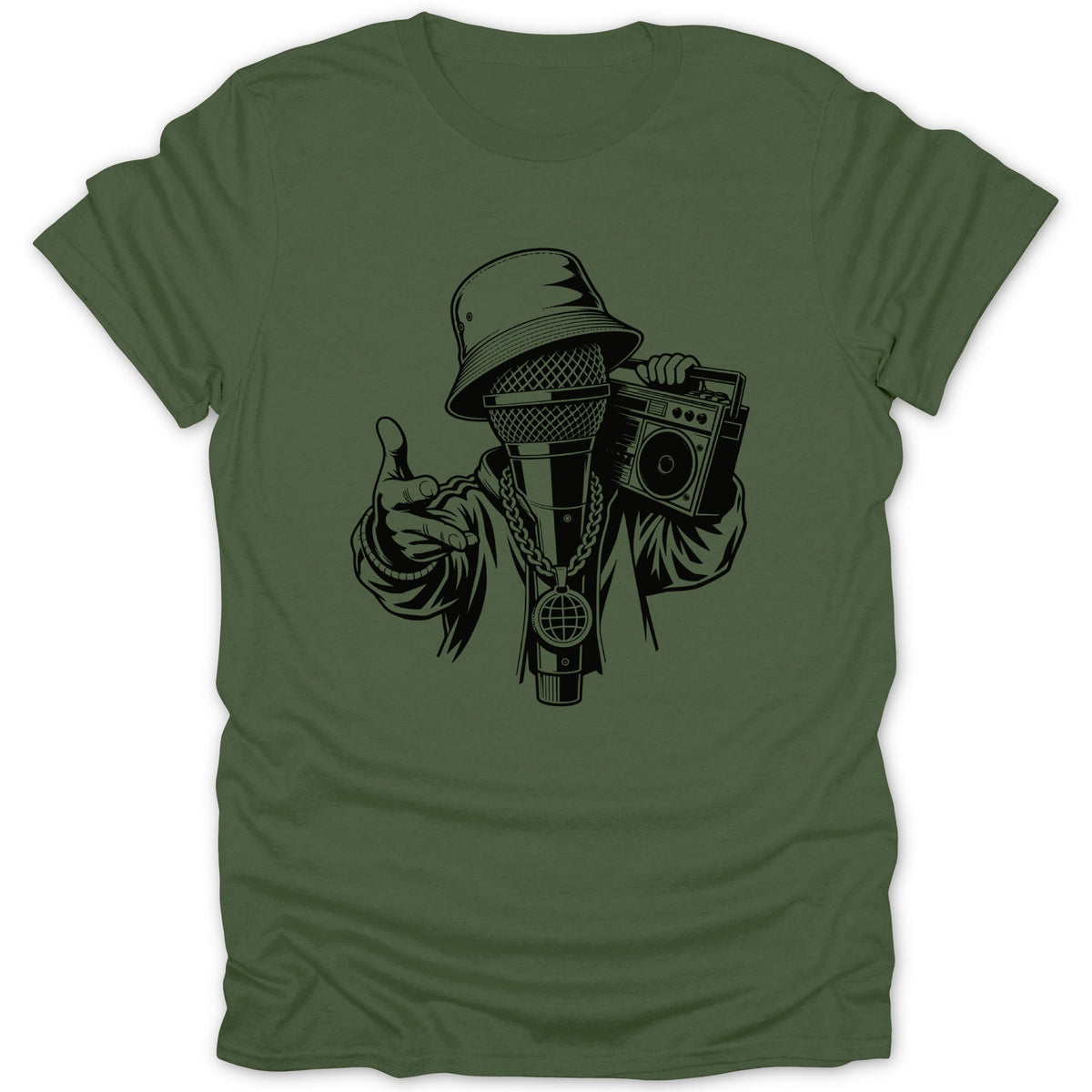 Microphone with bucket hat and boombox, wearing chain, on olive green t-shirt.