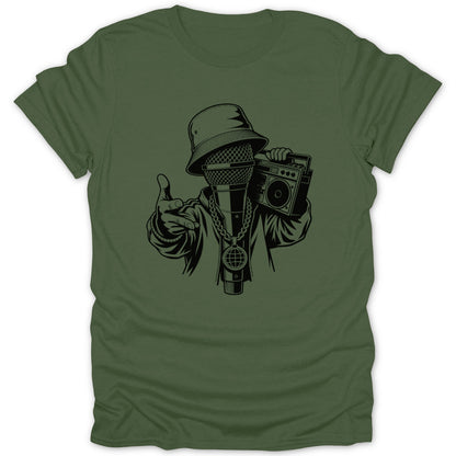 Microphone with bucket hat and boombox, wearing chain, on olive green t-shirt.