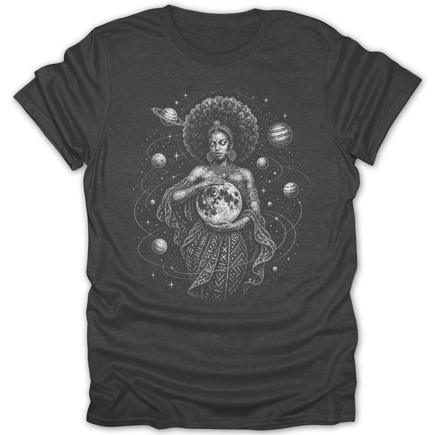 T-shirt with drawing of a woman holding the moon surrounded by planets and stars.