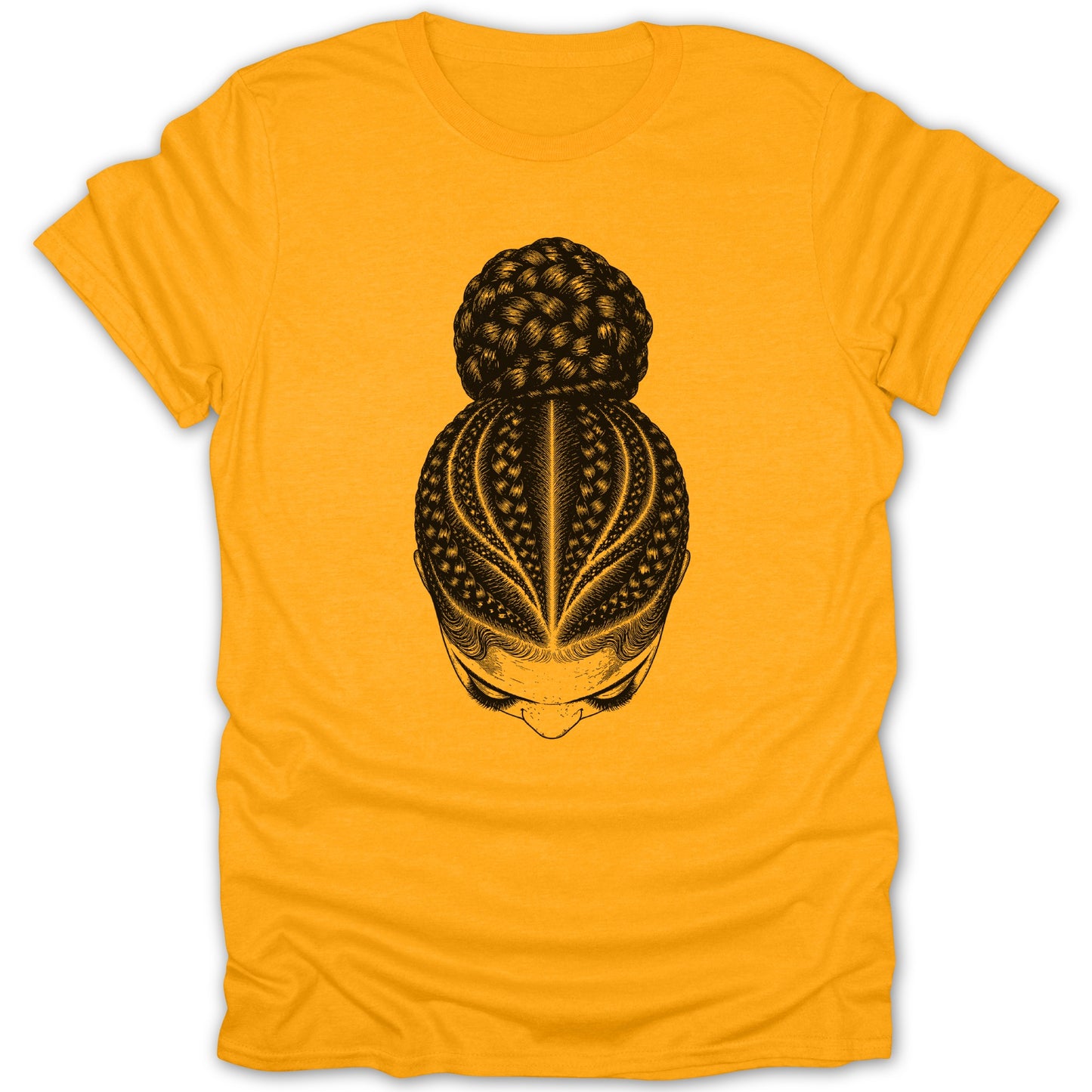 Black line art of a woman's head with braided hair on a yellow t-shirt.