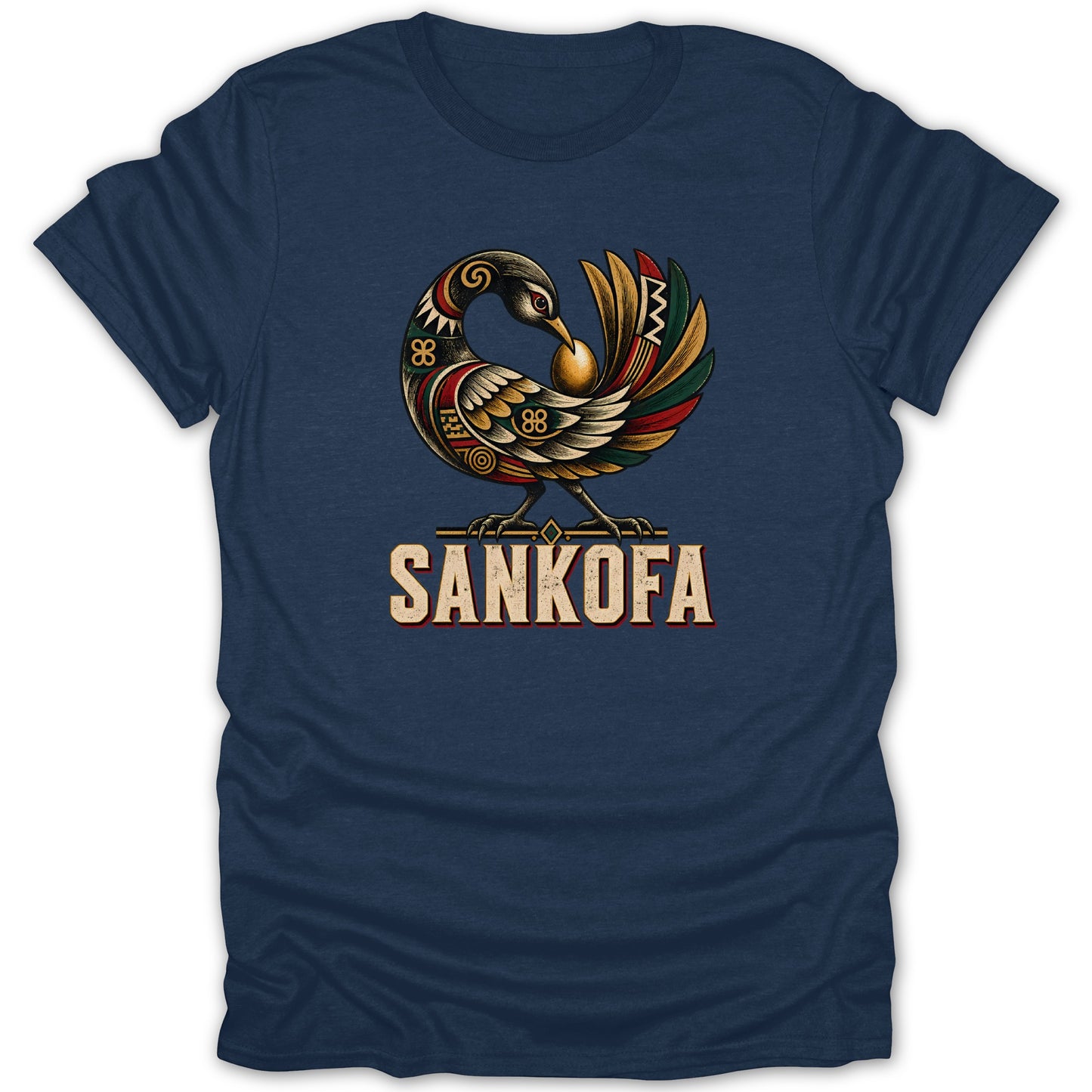 Sankofa bird logo with gold egg on a navy blue t-shirt.
