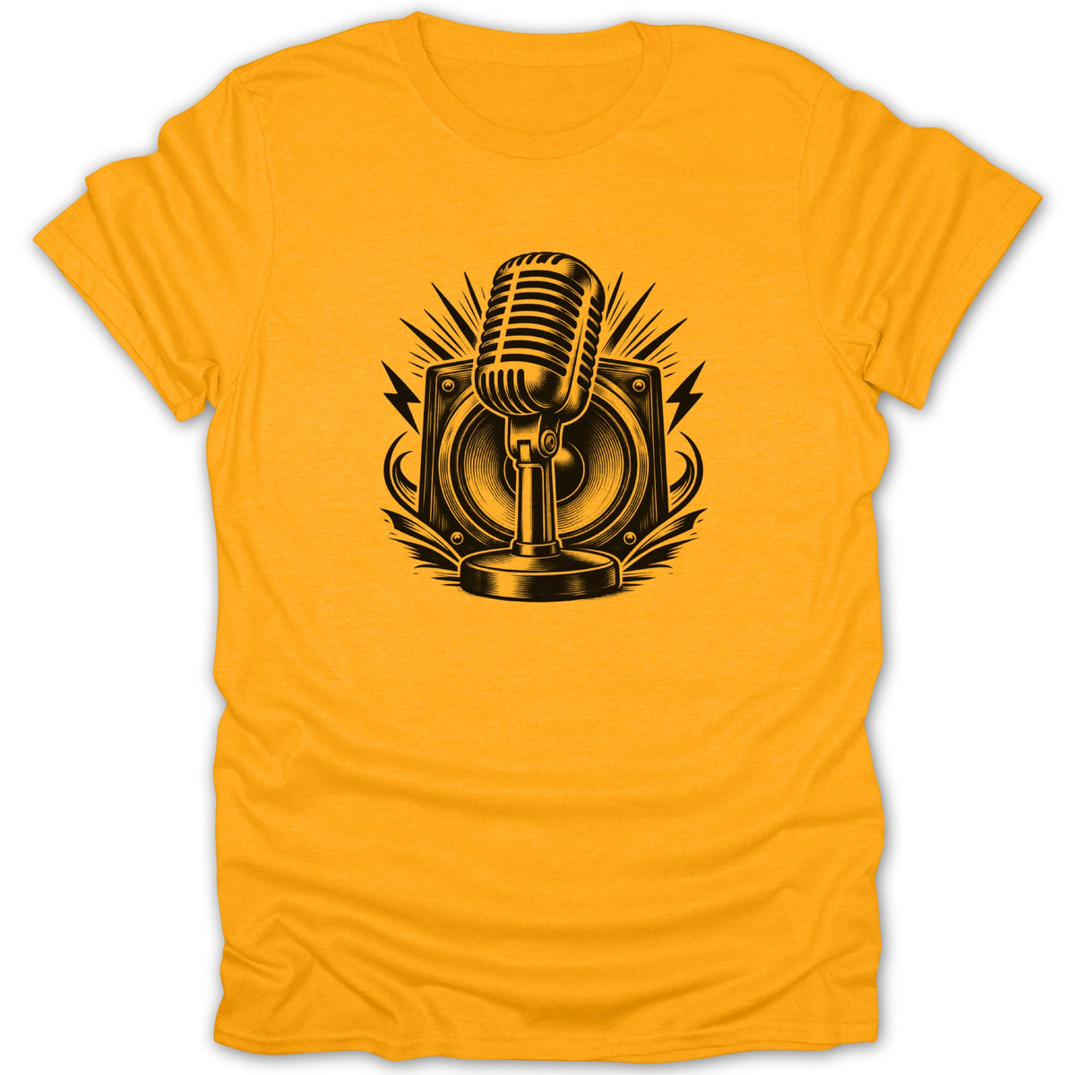 Yellow t-shirt with black vintage microphone and speaker graphic.