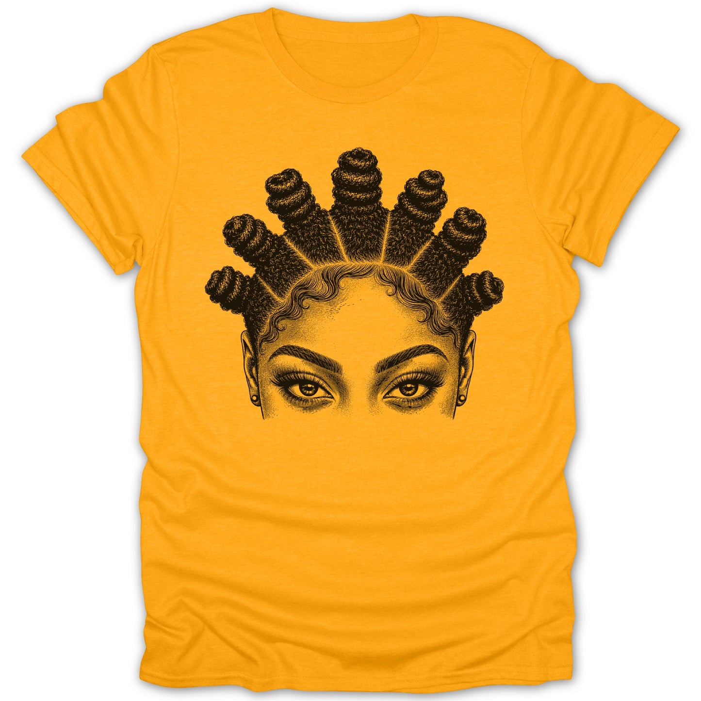 T-shirt with a black ink drawing of a woman's eyes and detailed natural hair.