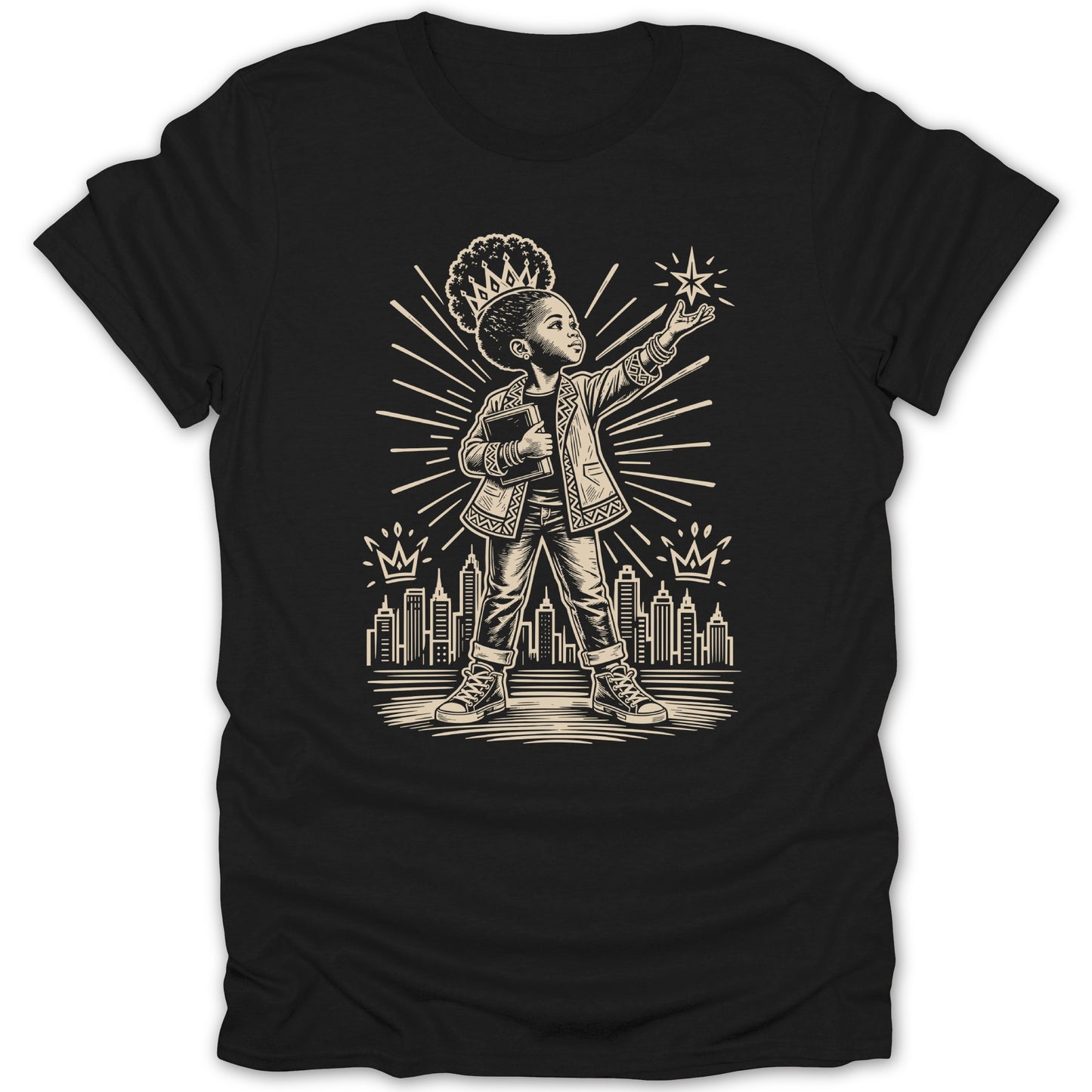 Black t-shirt with a graphic of a crowned child pointing to a star above a cityscape.