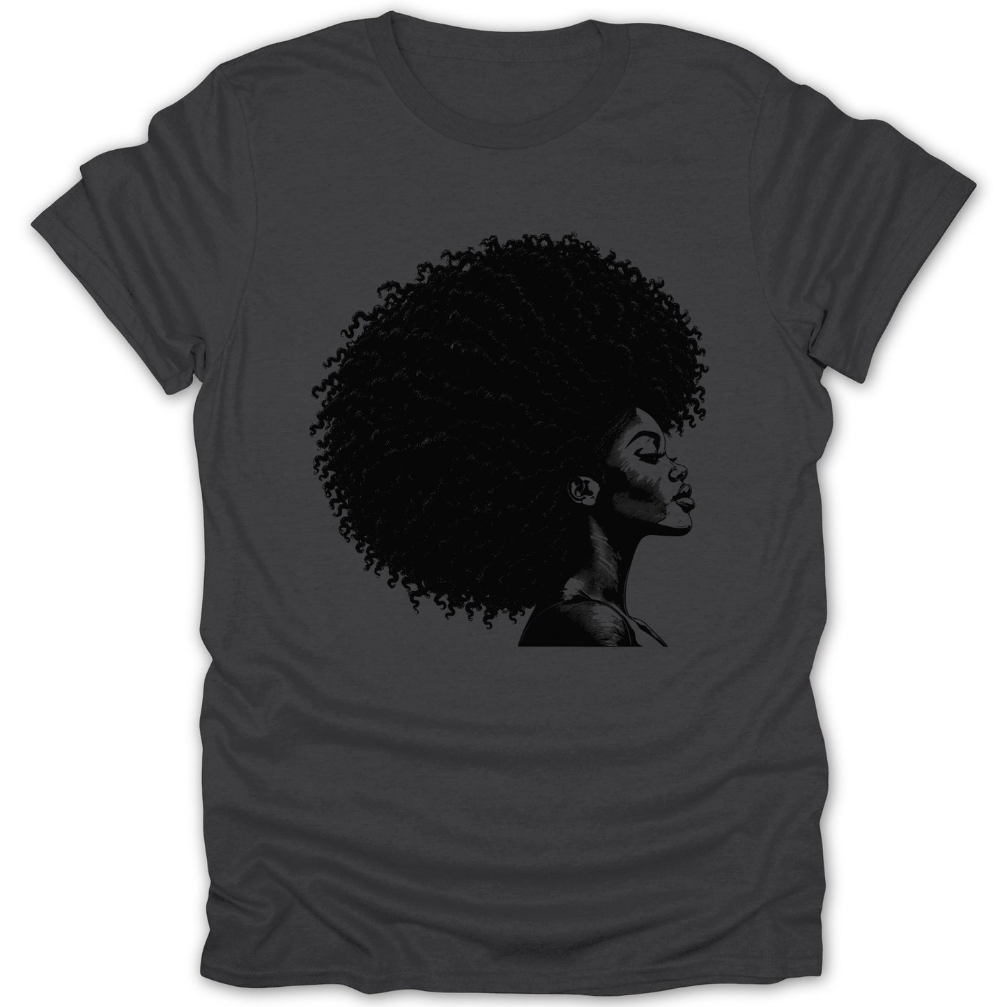 Black t-shirt with sketch of woman's profile and large afro.