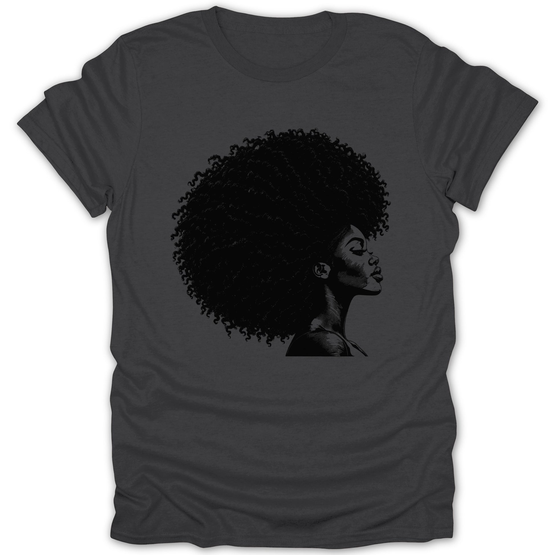 Black t-shirt with sketch of woman's profile and large afro.