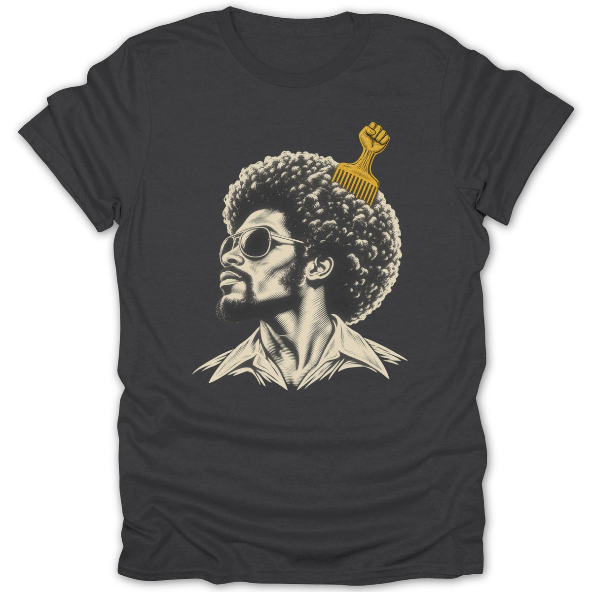 Charcoal t-shirt featuring a retro graphic of a Black man with an afro and a gold pick.